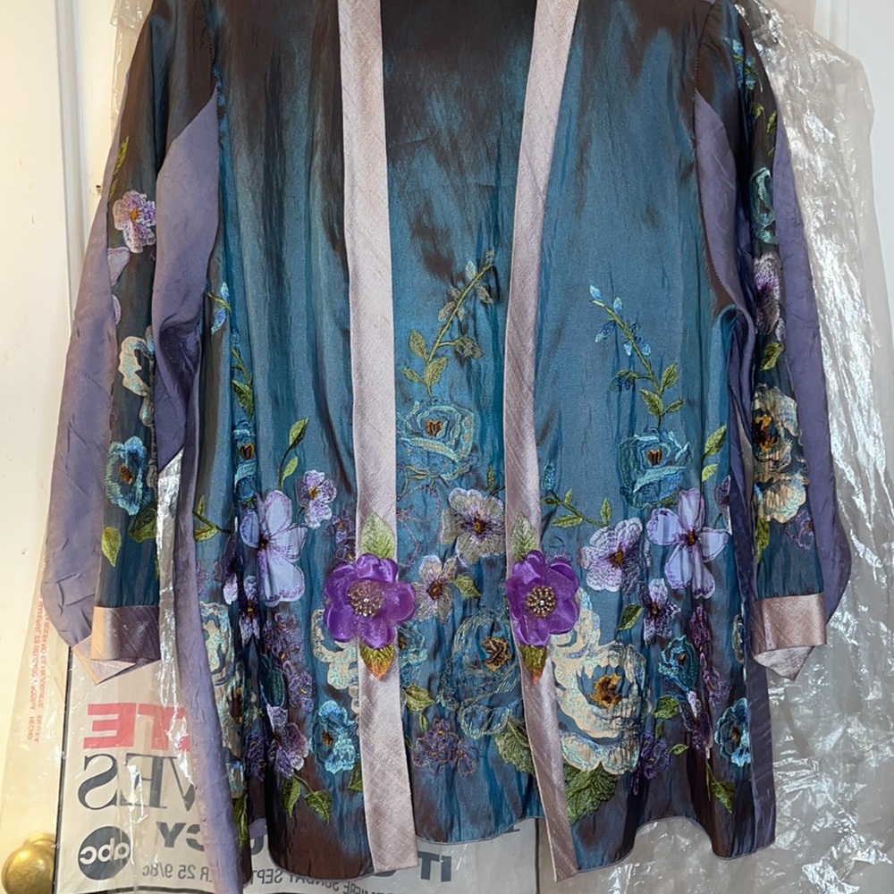 Lee Anderson designer jacket. turquoise, brown, purple iridescent. Lightweight